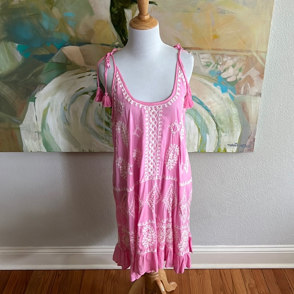 Pranella Dress Embroidered Pink Cover Up Greek Tasseled Size 2 / medium - Picture 8 of 17